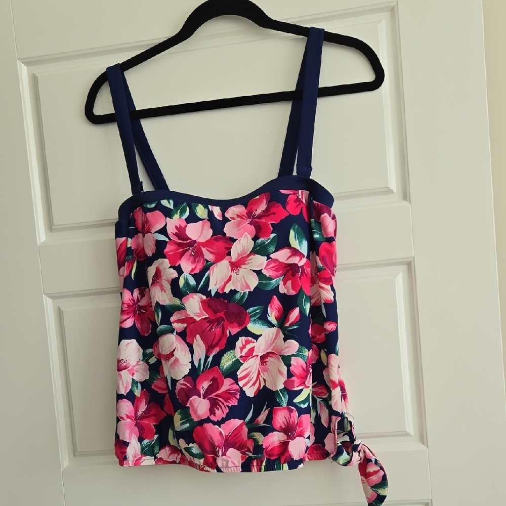 Maxine of Hollywood Sleeveless Blue and Pink Tie Front Swim Tank